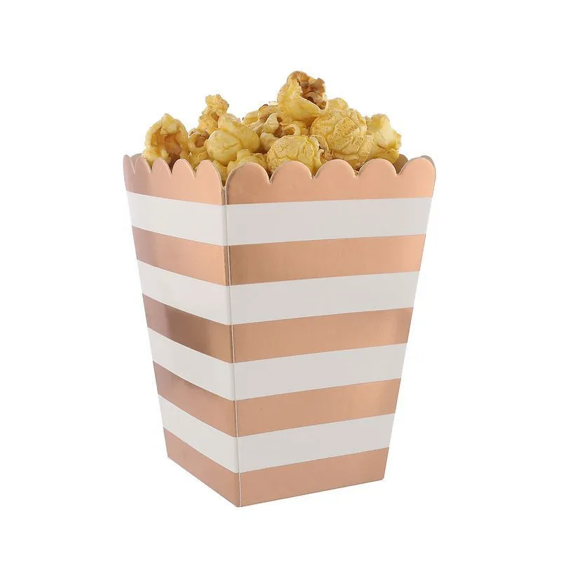 

8pcs/lot Rose Gold Striped Paper Popcorn Boxes Snack Buffet Dessert Bag For Kid Birthday Wedding Movie Party Decoration Supplies