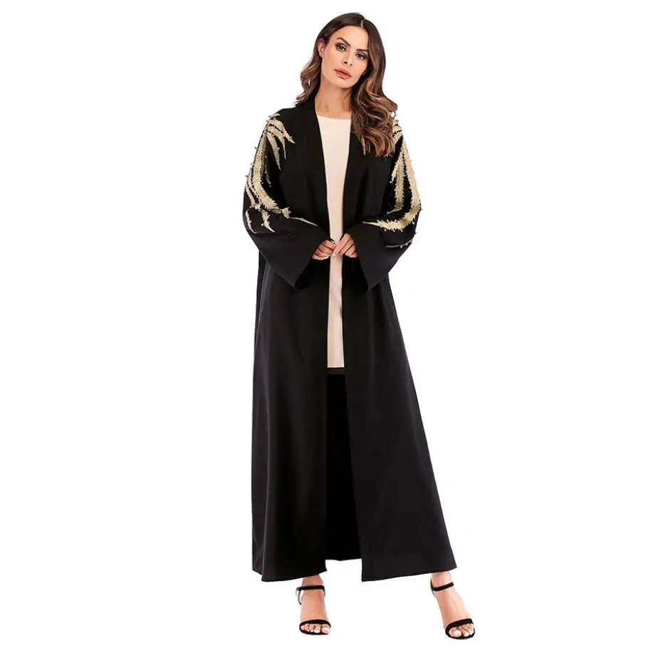 Черный вышитый бисером Дубай Abaya кимоно кардиган с бусинами мусульманские платья