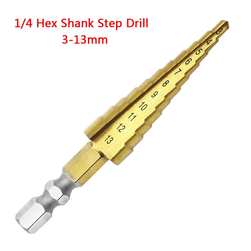 Titanium coated stepped drill 3-13mm Power Tools Hex handle ladder drill Suitable for deburring Jig pocket hole drill guide
Titanium coated stepped drill 3-13mm Power Tools Hex handle ladder drill Suitable for deburring Jig pocket hole drill guide