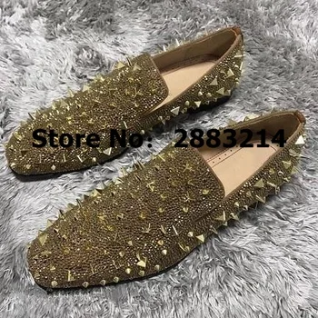 

Crystal Spikes Embellished Mens Slip-on Oxfords Shoes Man Party Dress Shoes Business Flats Shoes Spring Autumn Loafers Big Size