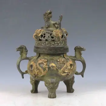 Bronze gilt Hand-Carved Erlongxizhu Incense Burner& lion lid Qianlong Mark
Bronze gilt Hand-Carved Erlongxizhu Incense Burner& lion lid Qianlong Mark