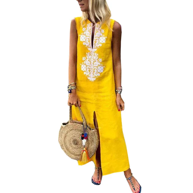 Brand Quality V-neck Loose Open Fork Sleeveless Print Cotton Linen Dress Yellow Bohemian Sexy Fashion Women's Loose Long Dresses
Brand Quality V-neck Loose Open Fork Sleeveless Print Cotton Linen Dress Yellow Bohemian Sexy Fashion Women's Loose Long Dresses