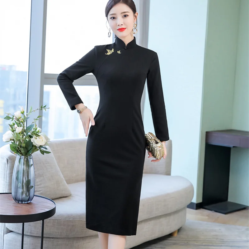 Черный традиционный китайский Ципао платье бабочка вышивка хлопок cheongsam женские