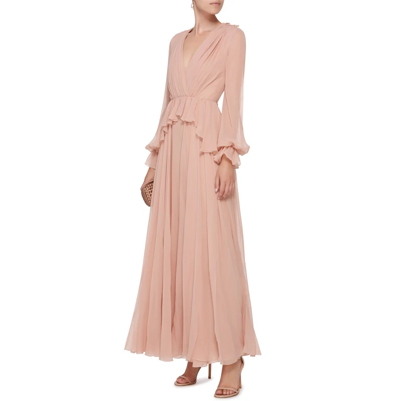 Autumn Elegant V-neck Long Sleeve Ruffles Pleated Maxi Dress Women 2018 Fashion Pink Long Party Dress Designer Runway Dress
Autumn Elegant V-neck Long Sleeve Ruffles Pleated Maxi Dress Women 2018 Fashion Pink Long Party Dress Designer Runway Dress