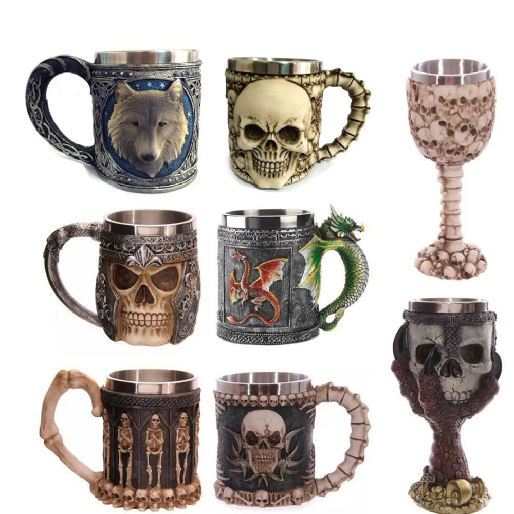 Image NEW Fiendish 3D Skull Bones Tankard Mugs Double Wall Stainless Steel Coffee Beer Pirate Gothic Medieval Cup Skull Goblet Cups