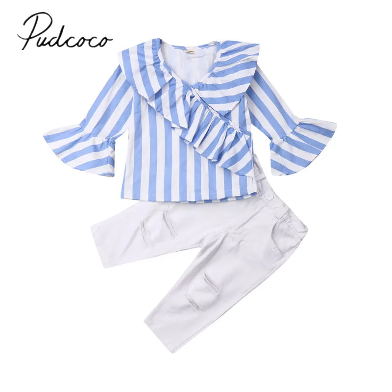 2019 Children Spring Autumn Clothing Toddler Kids Baby Girl Set Stripe Long Flare Sleeve Top Shirt Ripped Pants Ruffle Outfits
2019 Children Spring Autumn Clothing Toddler Kids Baby Girl Set Stripe Long Flare Sleeve Top Shirt Ripped Pants Ruffle Outfits