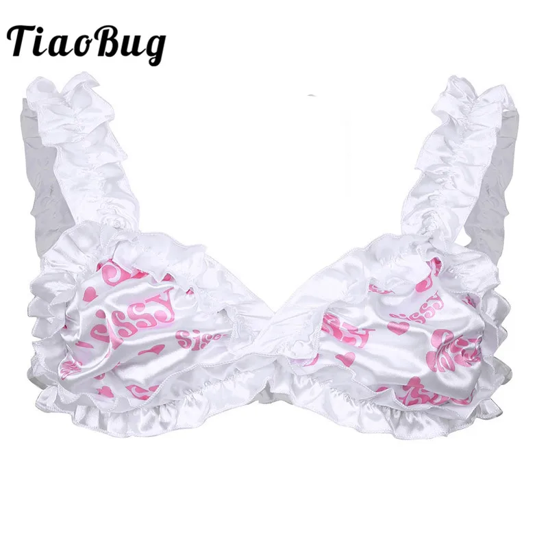 

TiaoBug Soft Satin Printed Frilly Ruffled Crossdressing Erotic Sissy Lingerie Elastic Wide Straps Unlined Men Hot Sexy Bra Tops