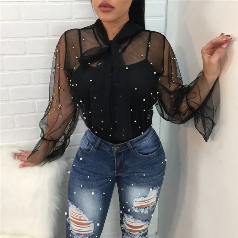 Sexy Women Mesh Sheer Blouse See Through Bow Tie Neck Long Sleeve Tops + Vest Fashion Pearl Beading Ladies Shirts and Blouses
Sexy Women Mesh Sheer Blouse See Through Bow Tie Neck Long Sleeve Tops + Vest Fashion Pearl Beading Ladies Shirts and Blouses