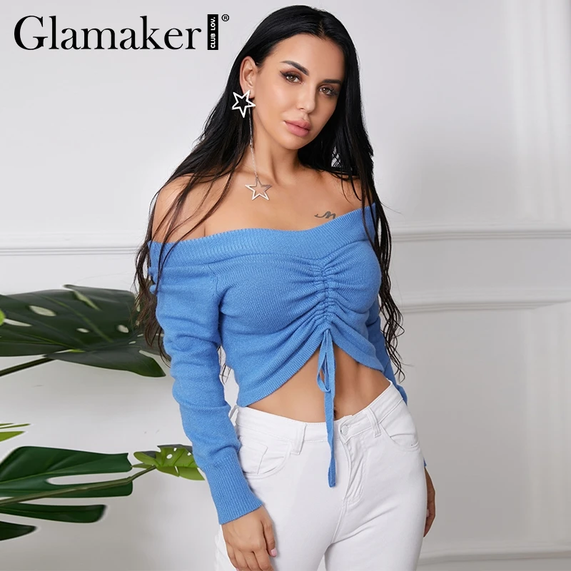 Glamaker Off shoulder pleated knit sweater jumper Women sexy drawstring lace up short sweater Autumn female long sleeve pullover
Glamaker Off shoulder pleated knit sweater jumper Women sexy drawstring lace up short sweater Autumn female long sleeve pullover