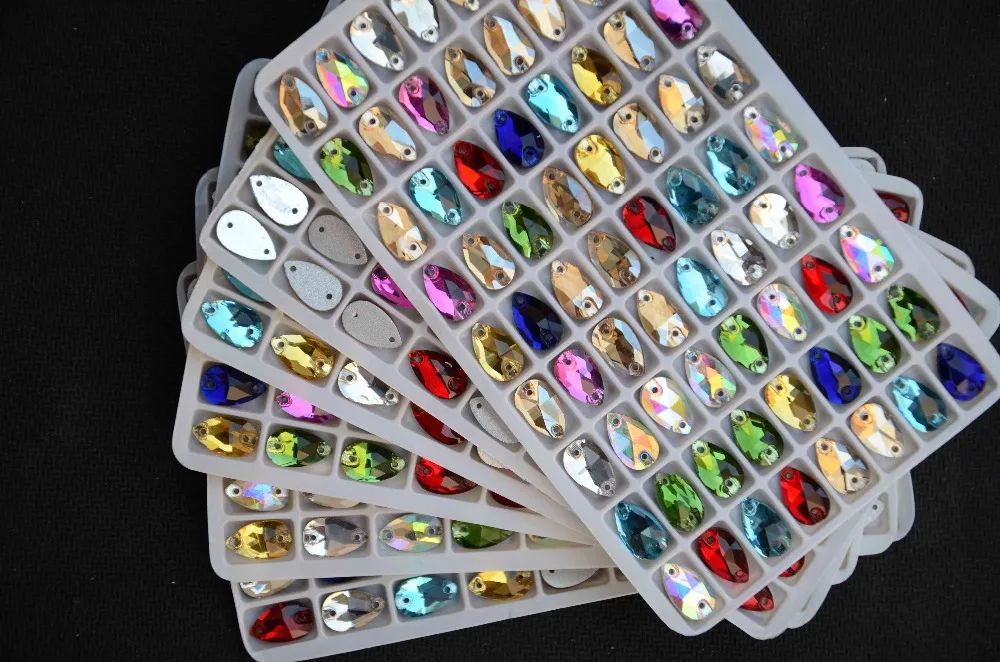 

Mix Colors Glass Crystal Teardrop Sew On Stones Flatback 2 Holes Multi Colors Sewing Crystals 7*12mm,10.5*18mm,13*22mm,17*28mm