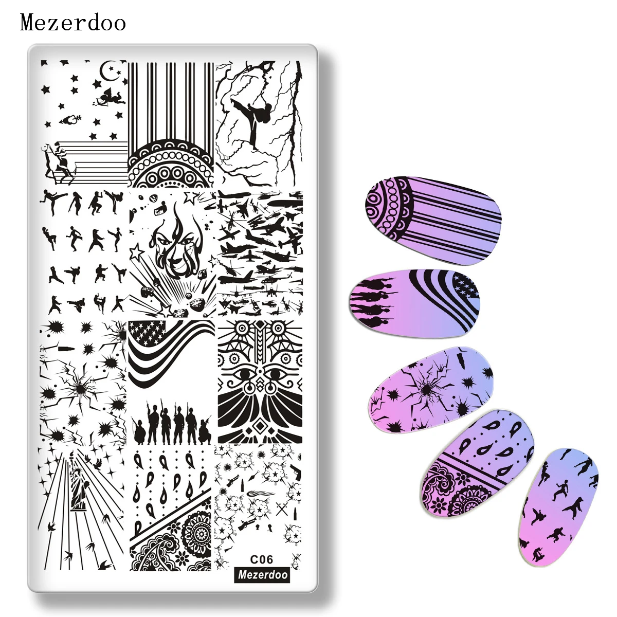 Mezerdoo War Theme Stainless Steel Nail Stamping Plates Soldier Bullet Marks Patterns Nail Art Stamp Manicure Tools C06
Mezerdoo War Theme Stainless Steel Nail Stamping Plates Soldier Bullet Marks Patterns Nail Art Stamp Manicure Tools C06