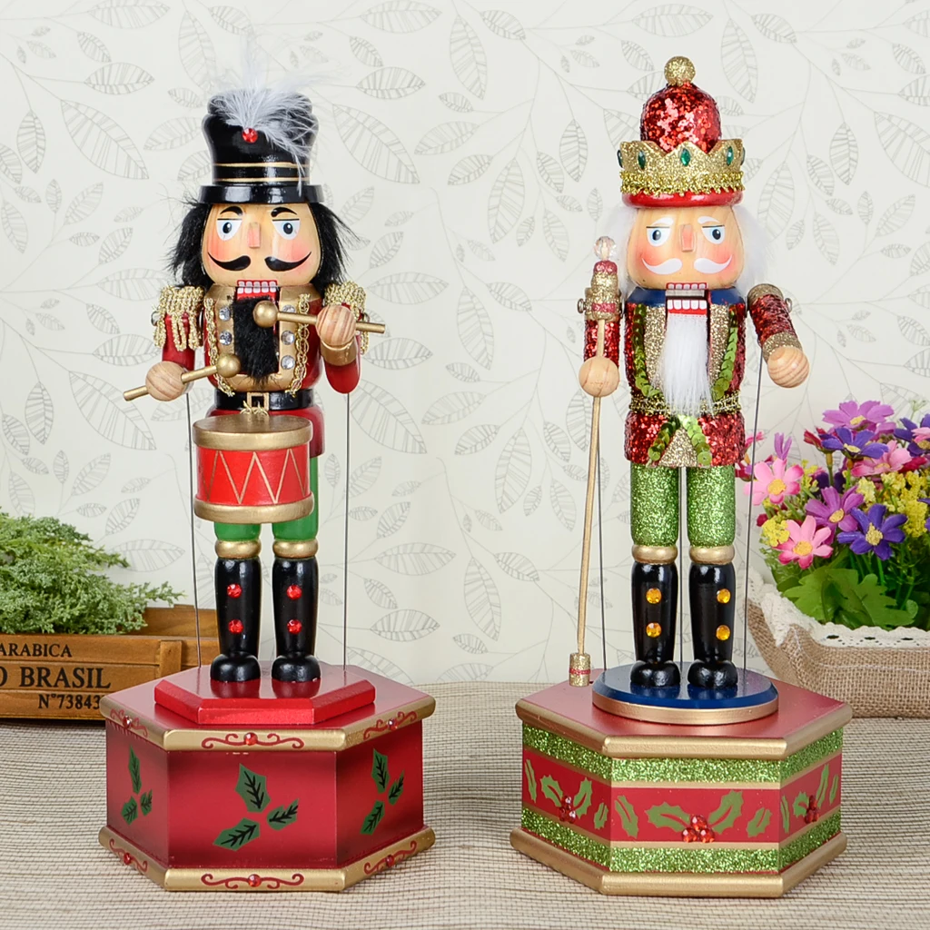 Handmade Wooden Nutcracker with Scepter On with Music Box w/ Clockwork Home Ornament Christmas Decor Display Collectibles Gifts