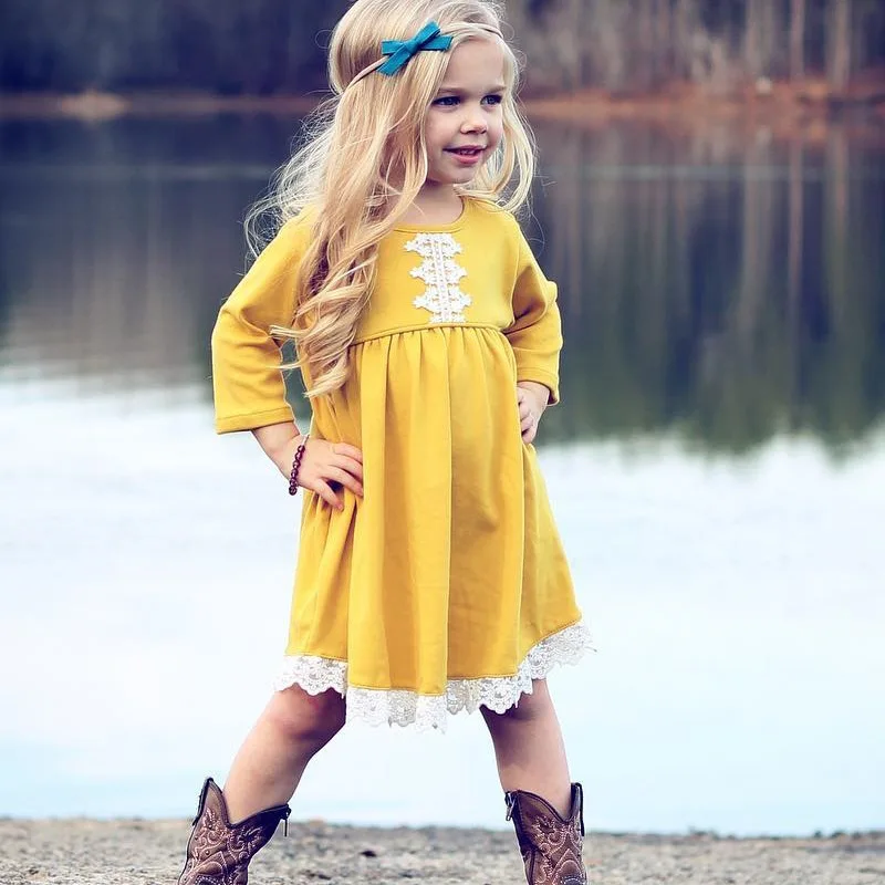 Toddler Dresses For Girls Lace Patchwork Long Sleeved Princess Sundress Baby Yellow Clothing Autumn Birthday Party 1-4Yrs | Детская