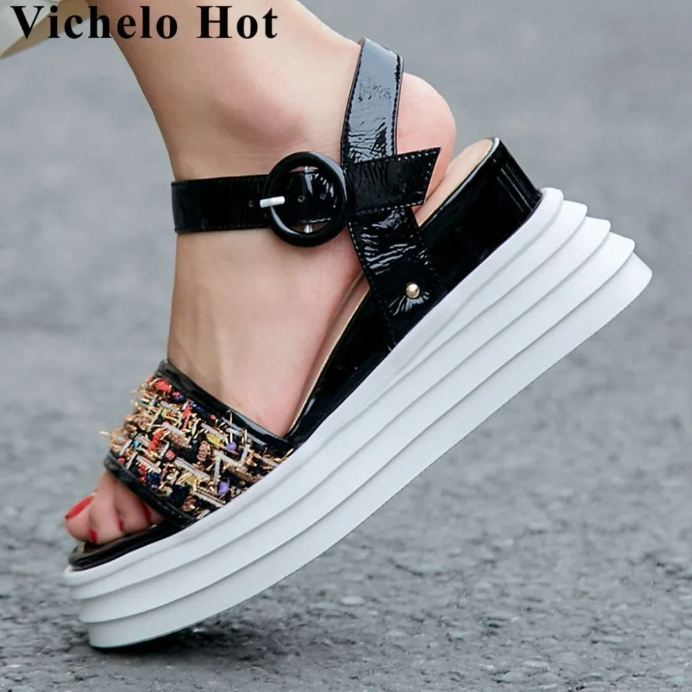 

Vichelo Hot office elegant lady buckle strap cow leather patchwork women sandals wedges platform peep toe high bottom shoes L11