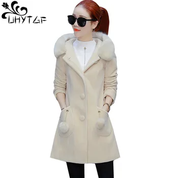 UHYTGF 2019 Casual woman Autumn top outerwear Fashion fur collar Hooded Wool jacket Medium long Slim Female windbreaker coat 219
UHYTGF 2019 Casual woman Autumn top outerwear Fashion fur collar Hooded Wool jacket Medium long Slim Female windbreaker coat 219