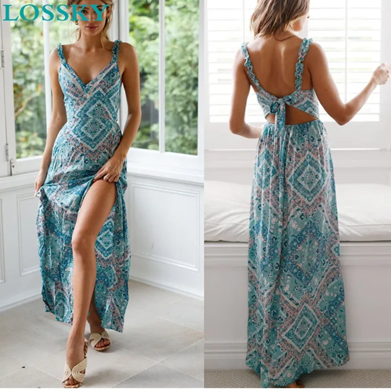 Sexy V Neck Floral Print Strap Maxi Dress Casual Split Sleeveless Backless Summer Boho Beach Dresses Back Bow Tie Long Dress New
Sexy V Neck Floral Print Strap Maxi Dress Casual Split Sleeveless Backless Summer Boho Beach Dresses Back Bow Tie Long Dress New