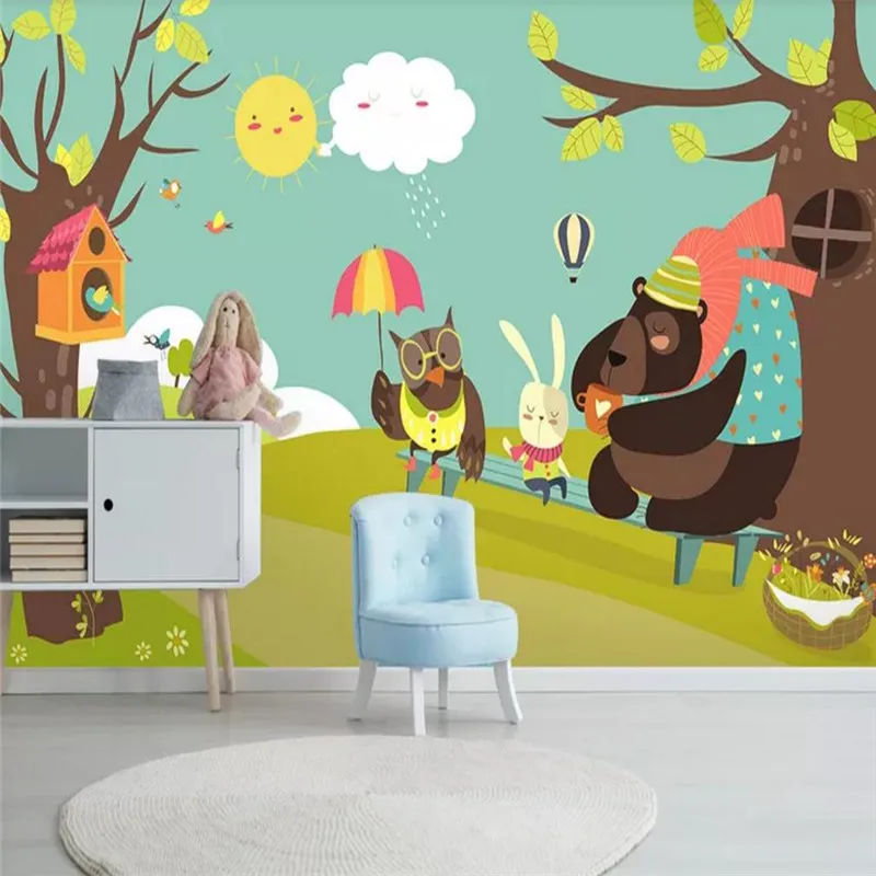 Фото Custom wallpaper Nordic simple cartoon cute animal big bear forest children's room wall - high quality silk cloth  | Fabric  Textile Wallcoverings (1000008484608)