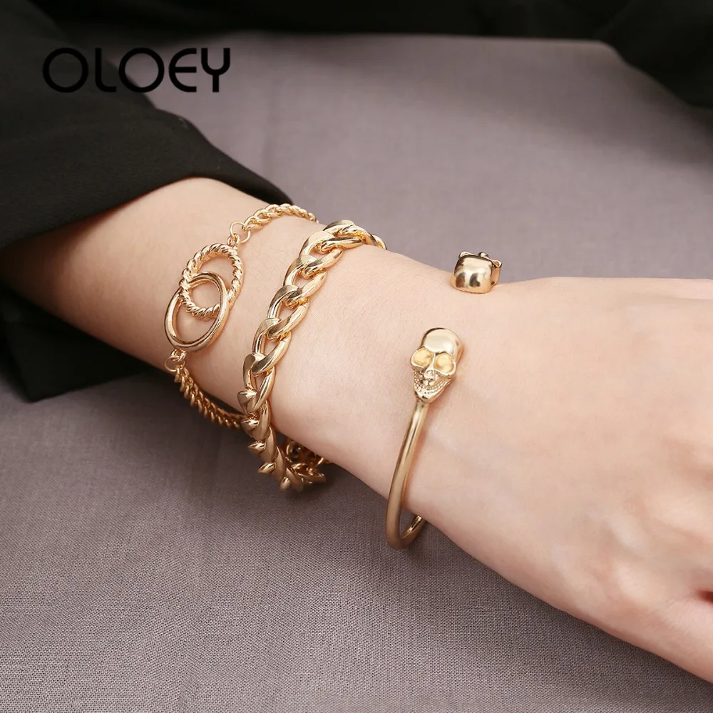 OLOEY 2019 Female Punk Bracelets 3pcs/set Alloy Metal Skull Hand Chains Fashion Boho Women's Bracelet Golden Color Party Jewelry
OLOEY 2019 Female Punk Bracelets 3pcs/set Alloy Metal Skull Hand Chains Fashion Boho Women's Bracelet Golden Color Party Jewelry