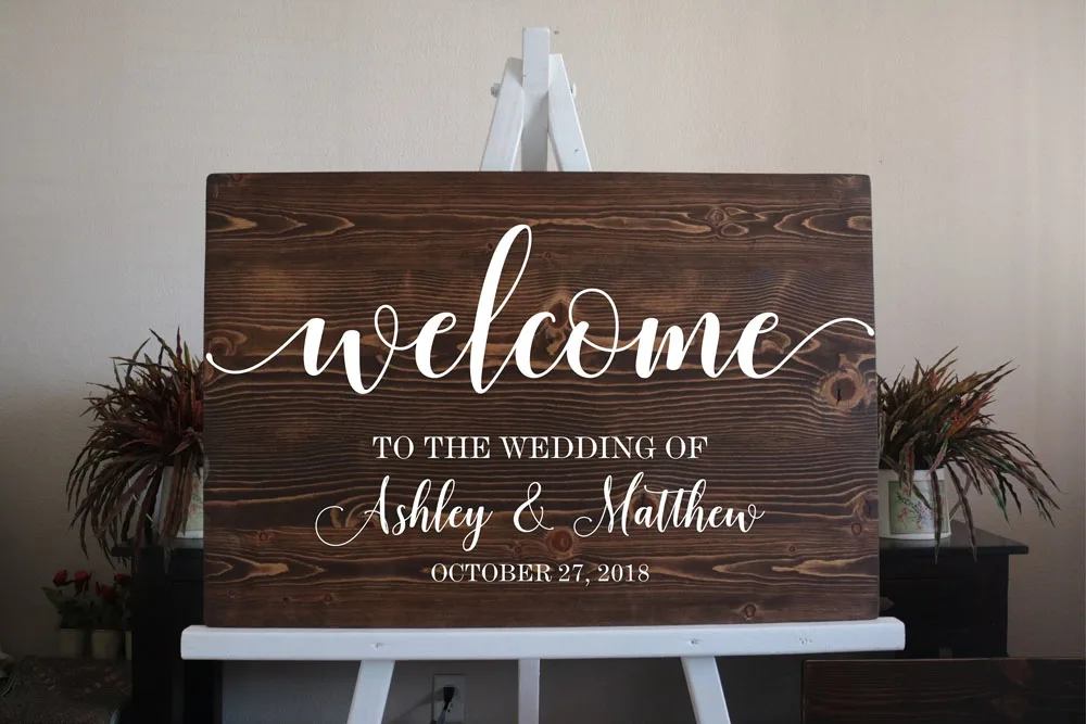 

Custom Wood Welcome Wedding Sign Decal Sticker Personalized Names Date Decals Rustic Wedding Decoration Sticker Board MirrorG214