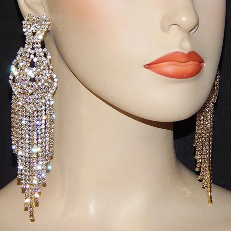 Image SHEVALUES Luxury Sparkle Crystal AB Diamante Rhinestone Long Tassel Earrings Drop Dangle Wedding Bridal Earrings Women Jewelry08
