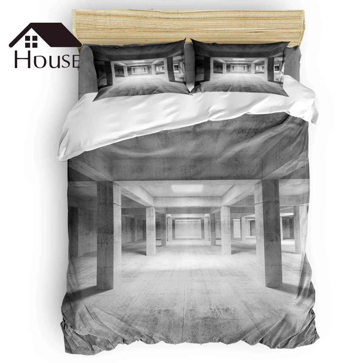 BIGHOUSES Duvet Cover Set Empty Basement Concrete Building Gray Duvet Cover 4 Piece Bedding Set