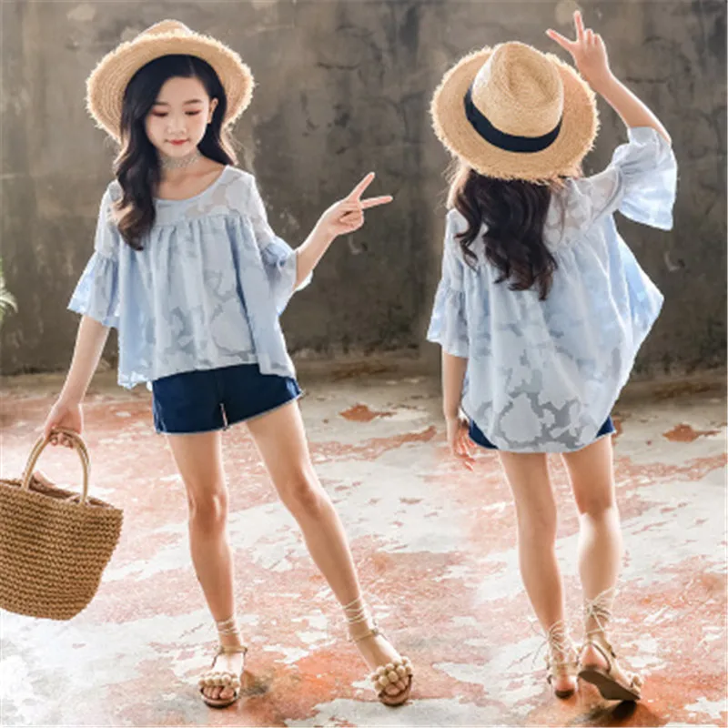 Комплекты летней одежды для девочек шифоновый топ с расклешенным рукавом