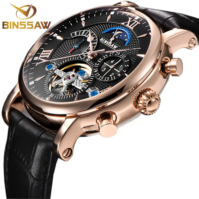 

BINSSAW 2018 Manner Automatische Mechanische Tourbillon Uhr Mode-Business Leder Edelstahl Sport Uhren Relogio Masculino