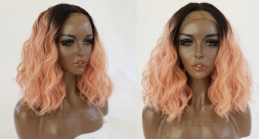 QD-Tizer Pink Hair Wig Short Wavy Synthetic Lace Front Wig Pink Cosplay Lace Front Wigs For Black Women 5