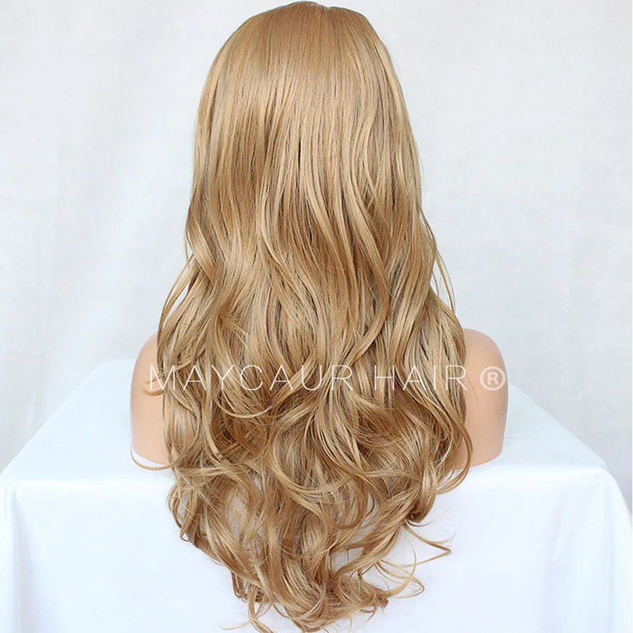 Maycaur Golden Hair Long Wavy Wig Natural Hairline Synthetic Lace Front Wigs for Fashion Women Glueless Lace Wigs (2)