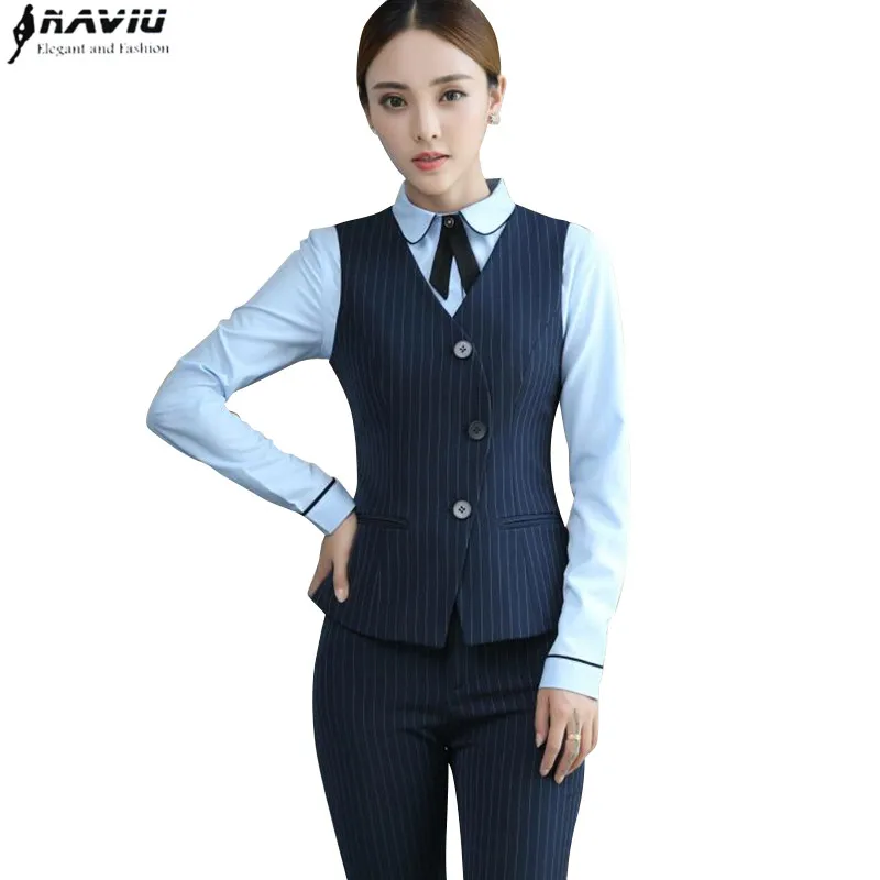 Fashion professional suit women formal black navy blue stripe vest pants suits office ladies plus size work wear uniform
Fashion professional suit women formal black navy blue stripe vest pants suits office ladies plus size work wear uniform