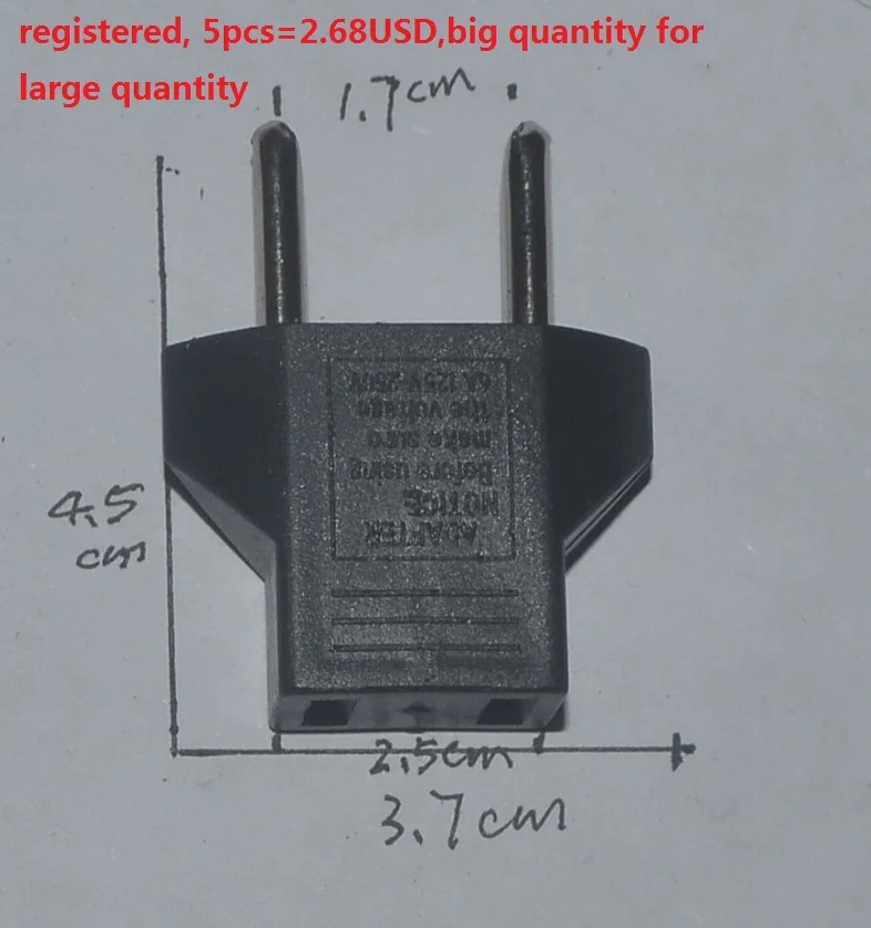 registered CHINA POST. 5pcs. Plug Adapter US to EU Travel AC Power Socket Adapter Converter 2 Pin .US EU AU Plug
registered CHINA POST. 5pcs. Plug Adapter US to EU Travel AC Power Socket Adapter Converter 2 Pin .US EU AU Plug
