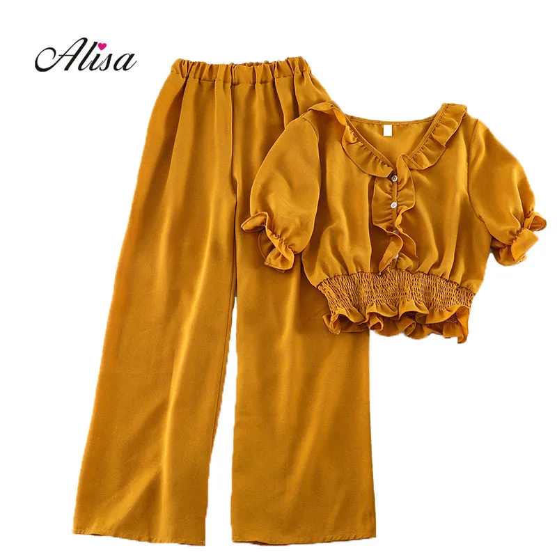 Women Fashion V Neck Short Sleeve Flexible Waist Tops+Chiffon Wide-legged Trousers 2 Piece Suit 2019 New Females Tracksuit Suits
Women Fashion V Neck Short Sleeve Flexible Waist Tops+Chiffon Wide-legged Trousers 2 Piece Suit 2019 New Females Tracksuit Suits