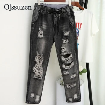 Large Size Jeans Black Grey Elastic Waist Pants Denim Women Ripped Hole Plus Size Harem Women's Jeans Pants Loose Washed Lace Up
Large Size Jeans Black Grey Elastic Waist Pants Denim Women Ripped Hole Plus Size Harem Women's Jeans Pants Loose Washed Lace Up