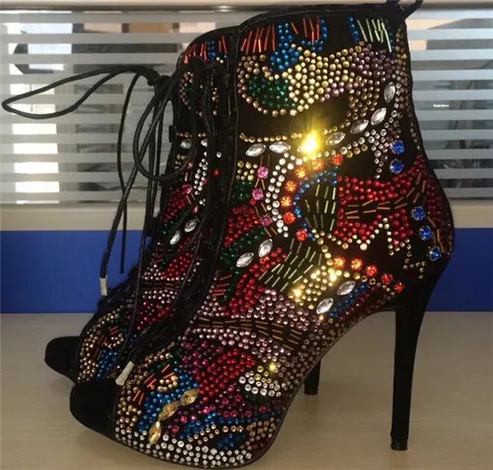Mixed Color Crystal Women Boots Lace Up High Heels Gladiator Sandals Boots Cross Strap Diamond Summer Ankle Boots Botas Mujer (13)