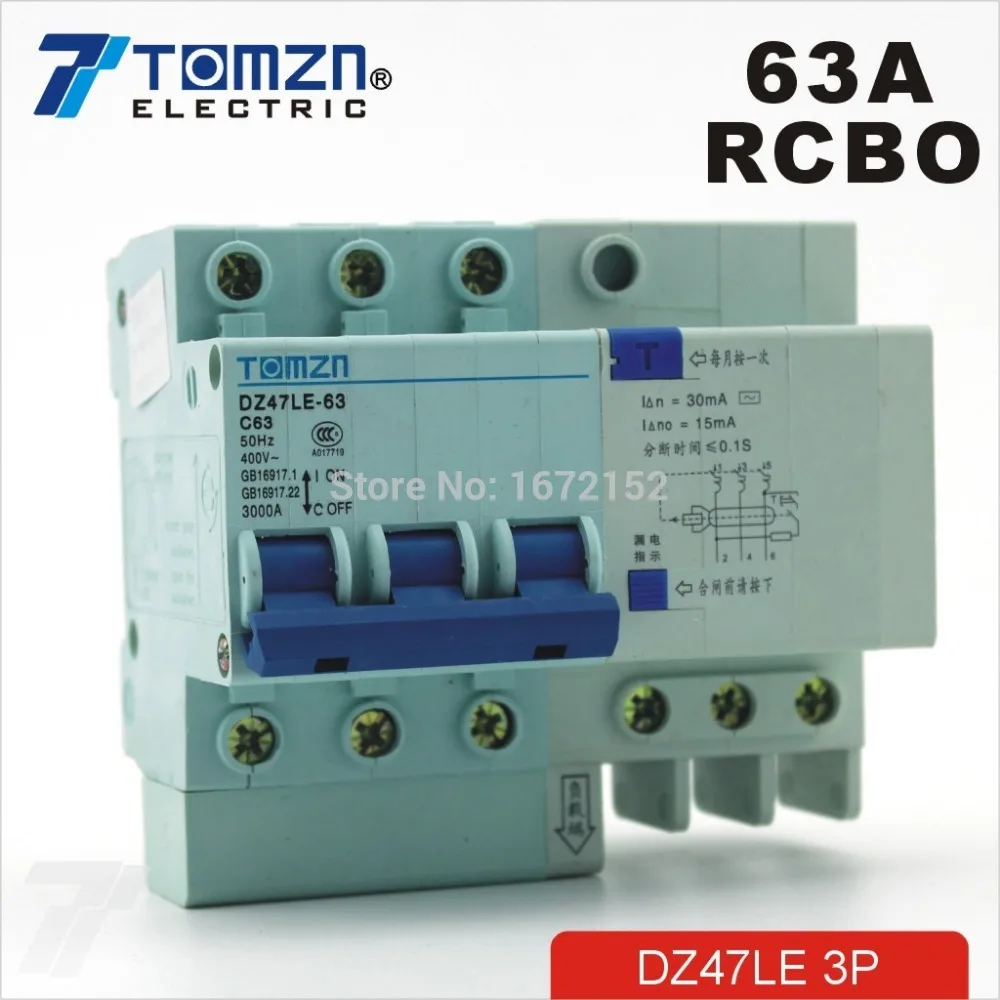 

3P 63A DZ47LE 400V~ 50HZ/60HZ c type Residual current Circuit breaker with over current and Leakage protection RCBO C type