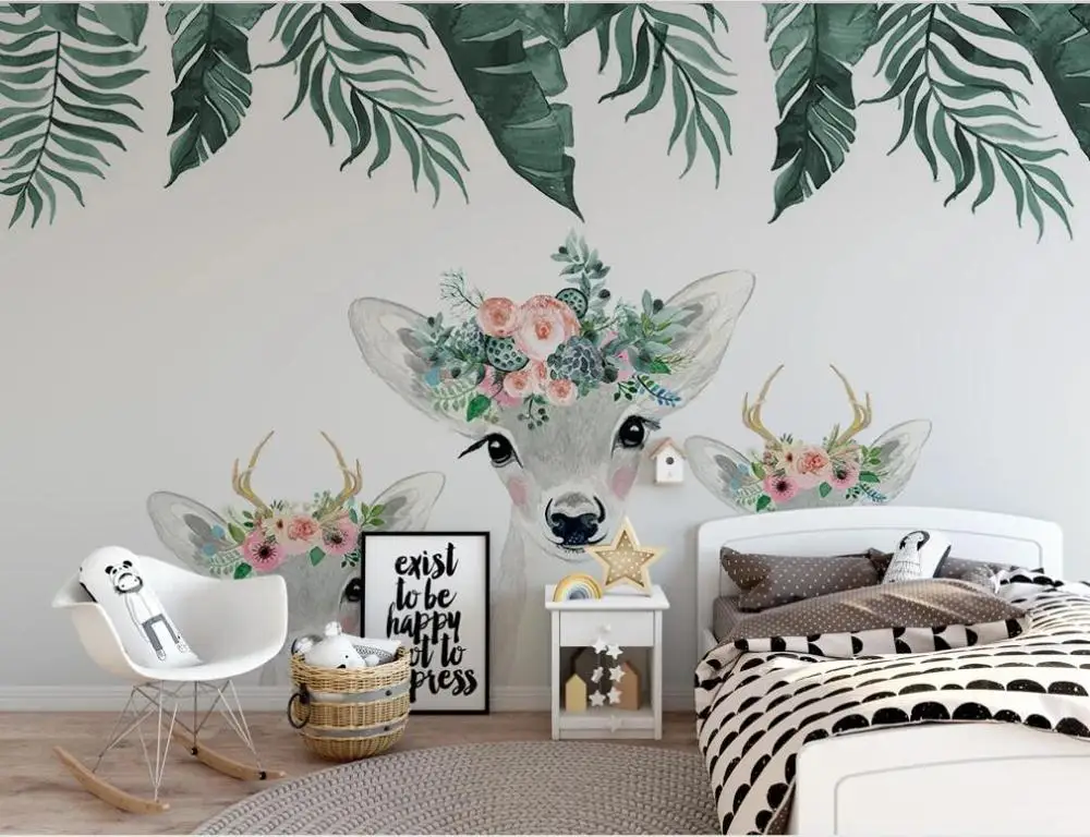 Customized large-scale 3D mural wallpaper Nordic style hand-painted watercolor deer flowers plants children's room background
Customized large-scale 3D mural wallpaper Nordic style hand-painted watercolor deer flowers plants children's room background