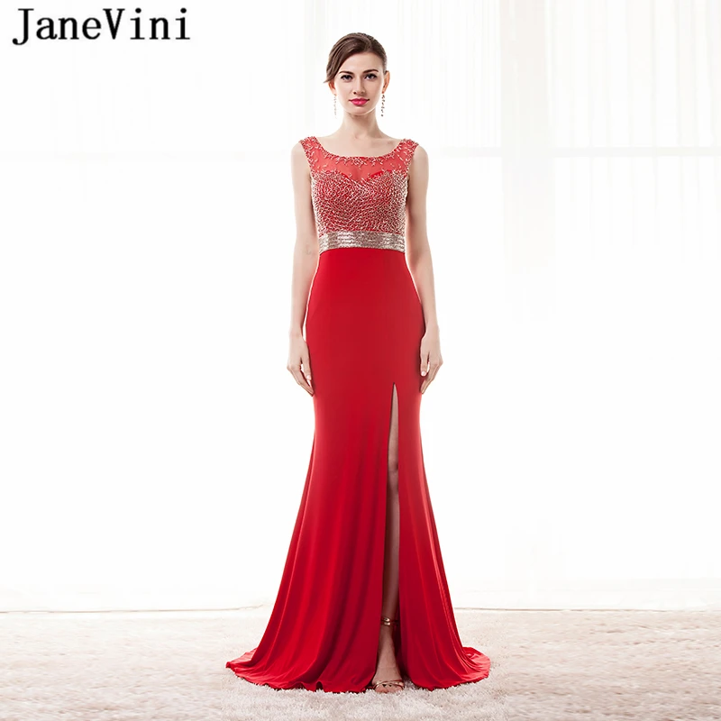 JaneVini 2018 Satin Mermaid Long Bridesmaid Dresses Scoop Neck Beading Backless Charming Red High Split Prom Gowns Sweep Train
JaneVini 2018 Satin Mermaid Long Bridesmaid Dresses Scoop Neck Beading Backless Charming Red High Split Prom Gowns Sweep Train