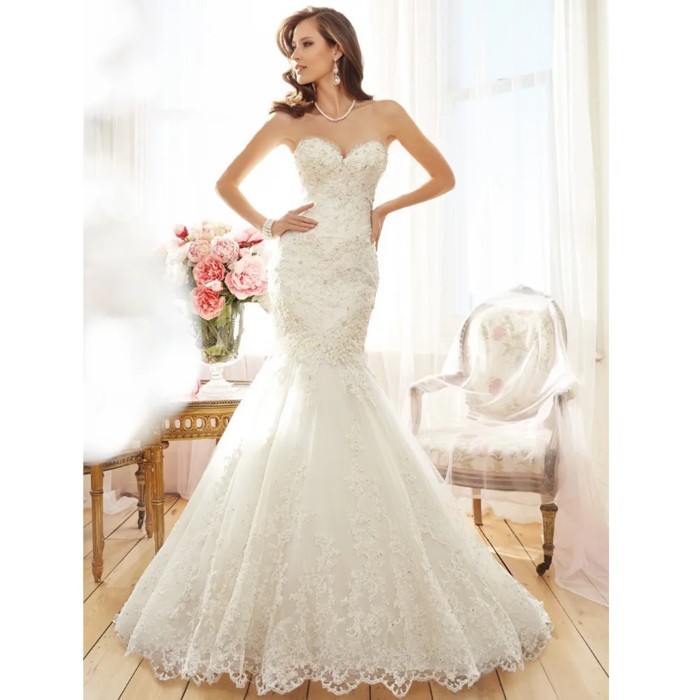 

Vestido De Noiva Custom Made Sweetheart White/Ivory Organza Applique Beading Lace Mermaid Wedding Dress Vestido De Casamento