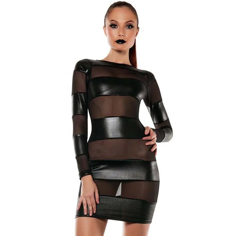 Sexy Women Wet look PVC Mesh Insert Bodycon Clubwear New Fashion Black Long Sleeve Vinyl Leather Dress Vestidos Kleid Robe Femme
Sexy Women Wet look PVC Mesh Insert Bodycon Clubwear New Fashion Black Long Sleeve Vinyl Leather Dress Vestidos Kleid Robe Femme