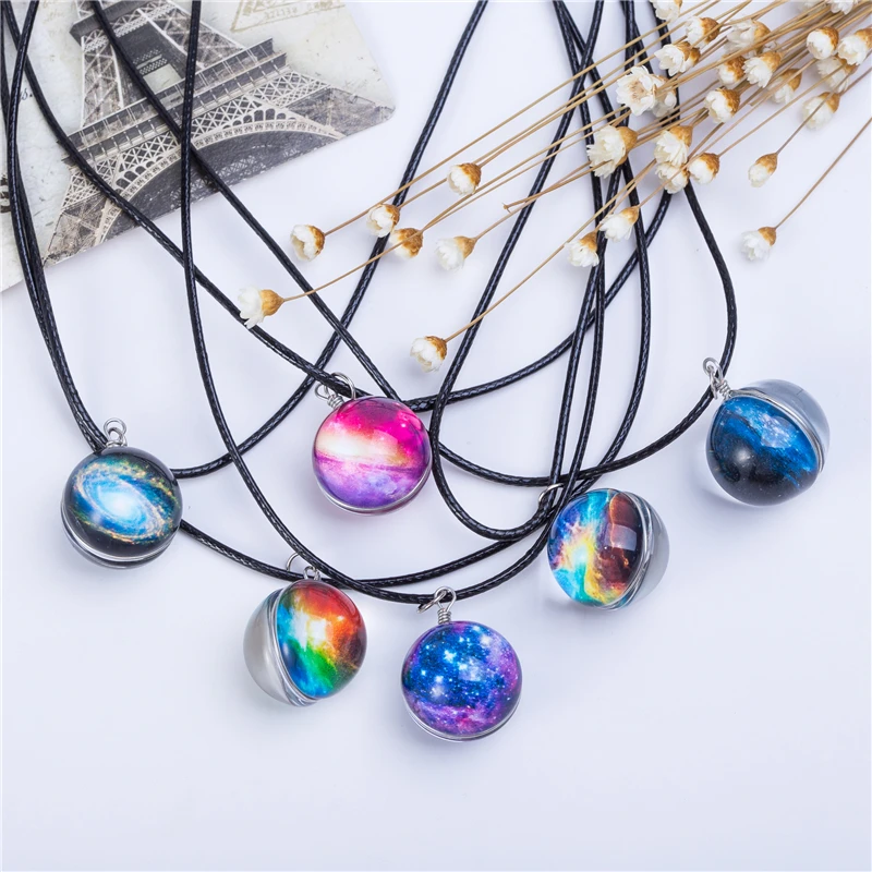 Image Collares Duplex Planet Crystal Stars Ball Glass Galaxy Pattern Leather Chain Pendants Maxi Necklace For Womem Girlfriend Gift
