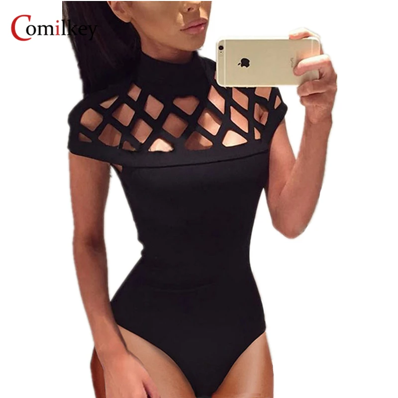 

Summer Sexy Hollow Out Bodysuits Mesh Bodysuit High Neck Caged Sleeve Ladies Playsuit Women Jumpsuit