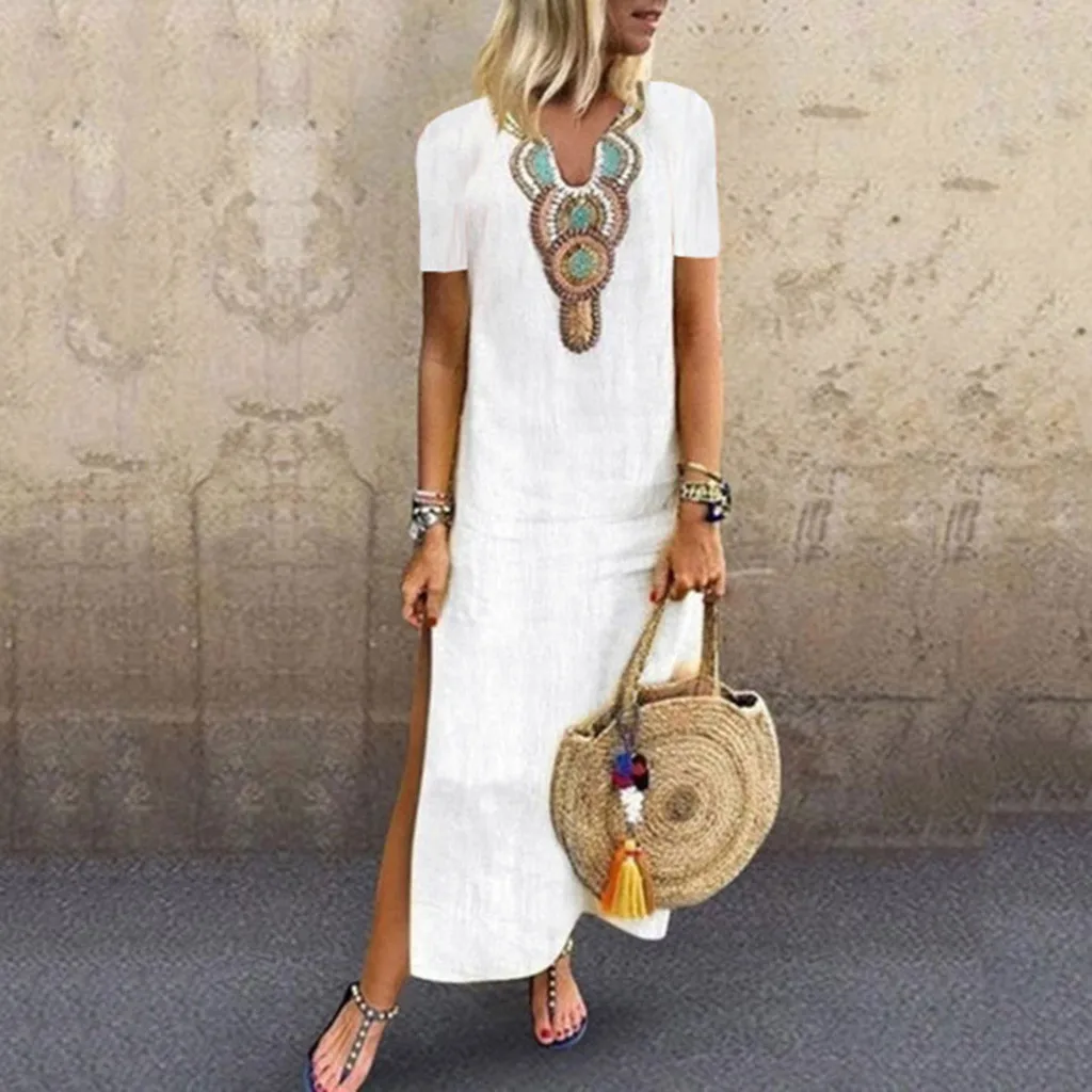 

Women Summer Maxi Dress Print V-neck Side Slit Bohemian Dresses Shift Boho Party Maxi Dresses Summer Dress 2019 vestidos NEW