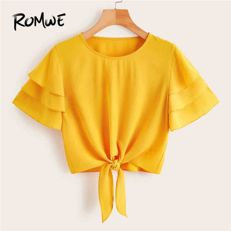 ROMWE Layered Sleeve Knot Hem Blouse Casual Round Neck Short Sleeve Women Tops and Blouses Summer Solid Cute Ladies Crop Top
ROMWE Layered Sleeve Knot Hem Blouse Casual Round Neck Short Sleeve Women Tops and Blouses Summer Solid Cute Ladies Crop Top