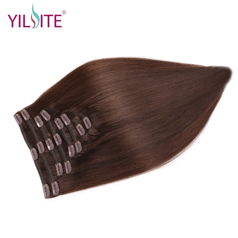 YILITE трессы Remy зажимы для наращивания человеческих волос 18 дюймов темно