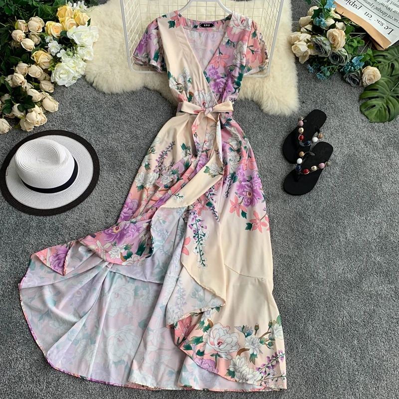 Dress temperament printed V-neck short sleeve waist tie irregular lotus leaf seaside holiday dress woman Cover-ups Summer Beach
Dress temperament printed V-neck short sleeve waist tie irregular lotus leaf seaside holiday dress woman Cover-ups Summer Beach