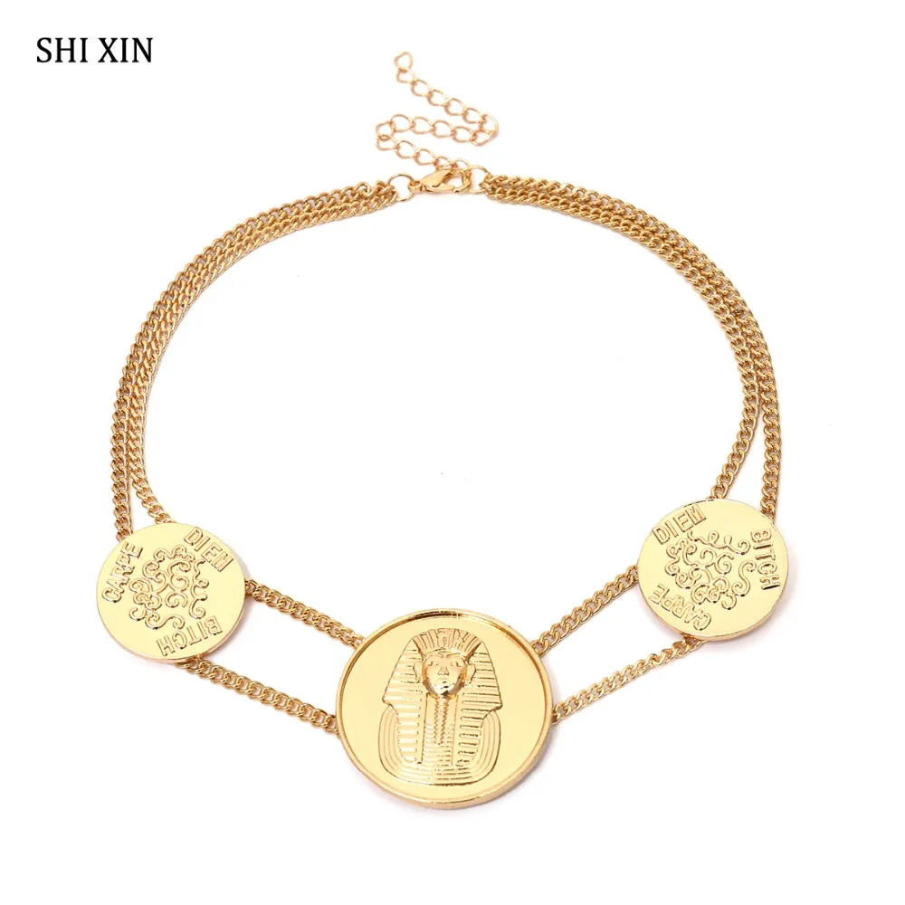 

SHIXIN Exaggerated Big Ancient Egyptian Pharaoh Pendant Choker Necklace for Women Fashion Jewelry 2 Layers Chain Collier Female