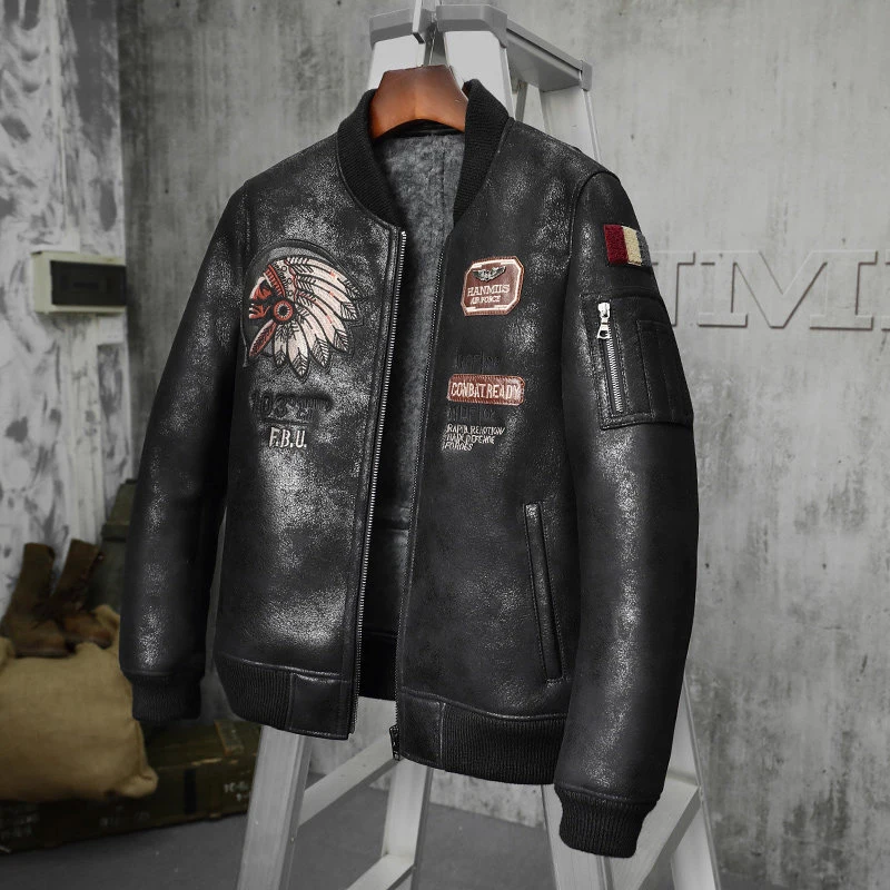 Mens Fur Coat B3 Sheepskin Outwear Baseball collar Mens Shearling Coat Indian Totem Men Aviator Jacket Pilot Jacket
Mens Fur Coat B3 Sheepskin Outwear Baseball collar Mens Shearling Coat Indian Totem Men Aviator Jacket Pilot Jacket