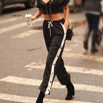 Sweetown Autumn Winter 2018 Jogger Pants Women Black Side Button Patchwork High Waist Pants Loose Korean Harajuku Sweatpants
Sweetown Autumn Winter 2018 Jogger Pants Women Black Side Button Patchwork High Waist Pants Loose Korean Harajuku Sweatpants