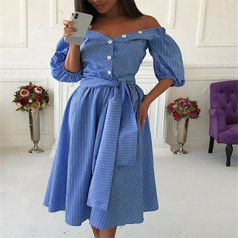 2019 Women Summer Dresses Sexy Off shoulder V-Neck Blue Striped Half Sleeve Ladies Casual Button Dress | Женская одежда