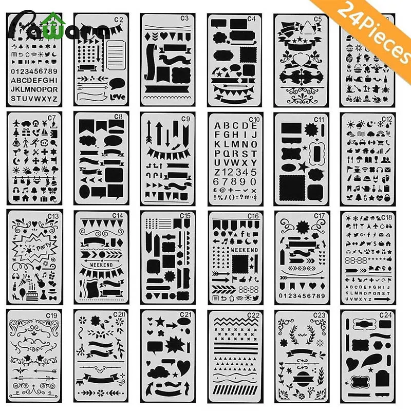 24 packs different bullet journal stencil set cutting dies designed for office daily Notebook Scrapbook personality graffiti
24 packs different bullet journal stencil set cutting dies designed for office daily Notebook Scrapbook personality graffiti